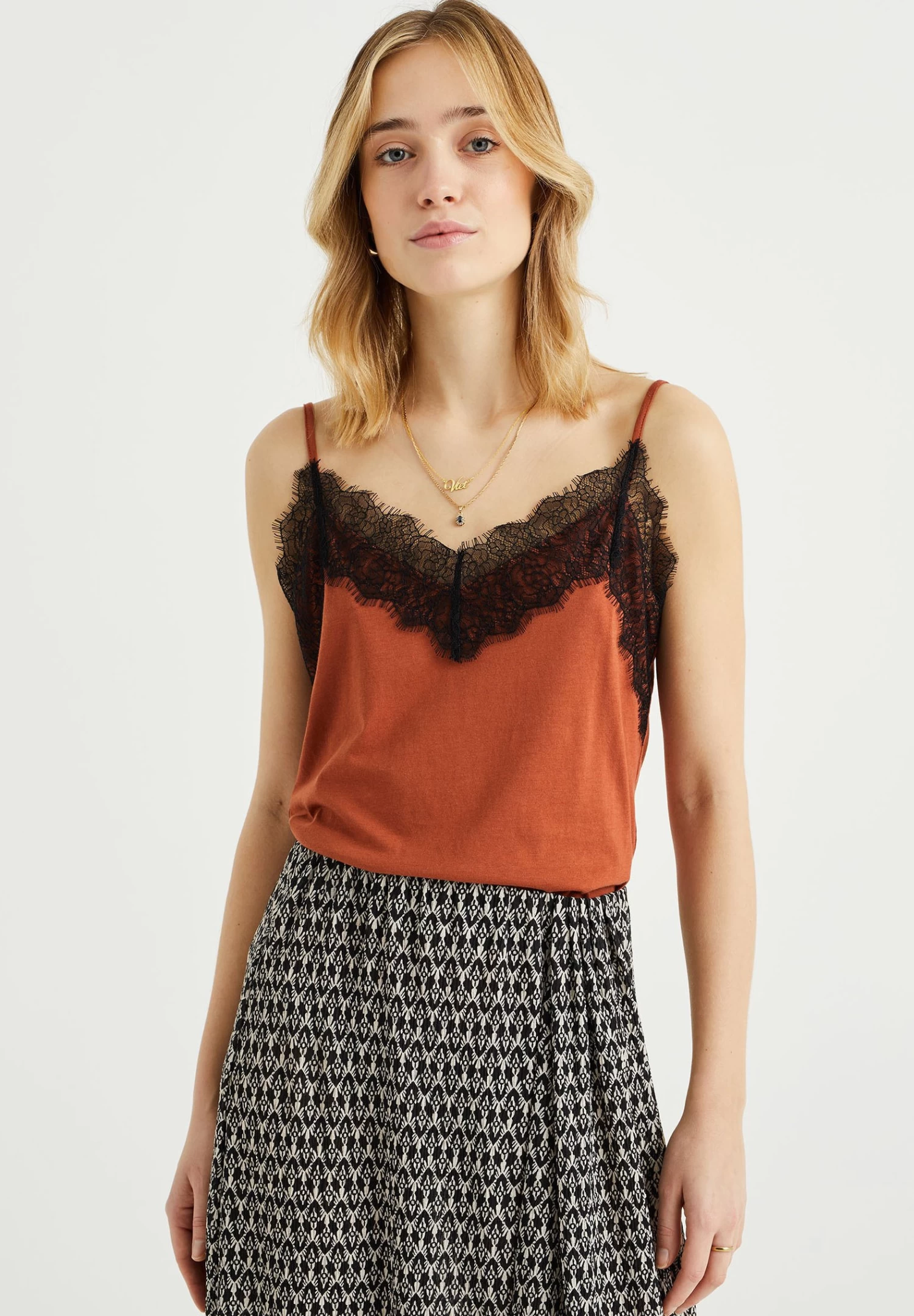 WE FASHION Singlet Met Kant - Top - Brown