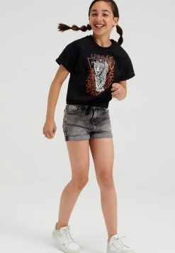 WE FASHION Met Glitteropdruk En Knoopdetail - T-Shirt Print - Black