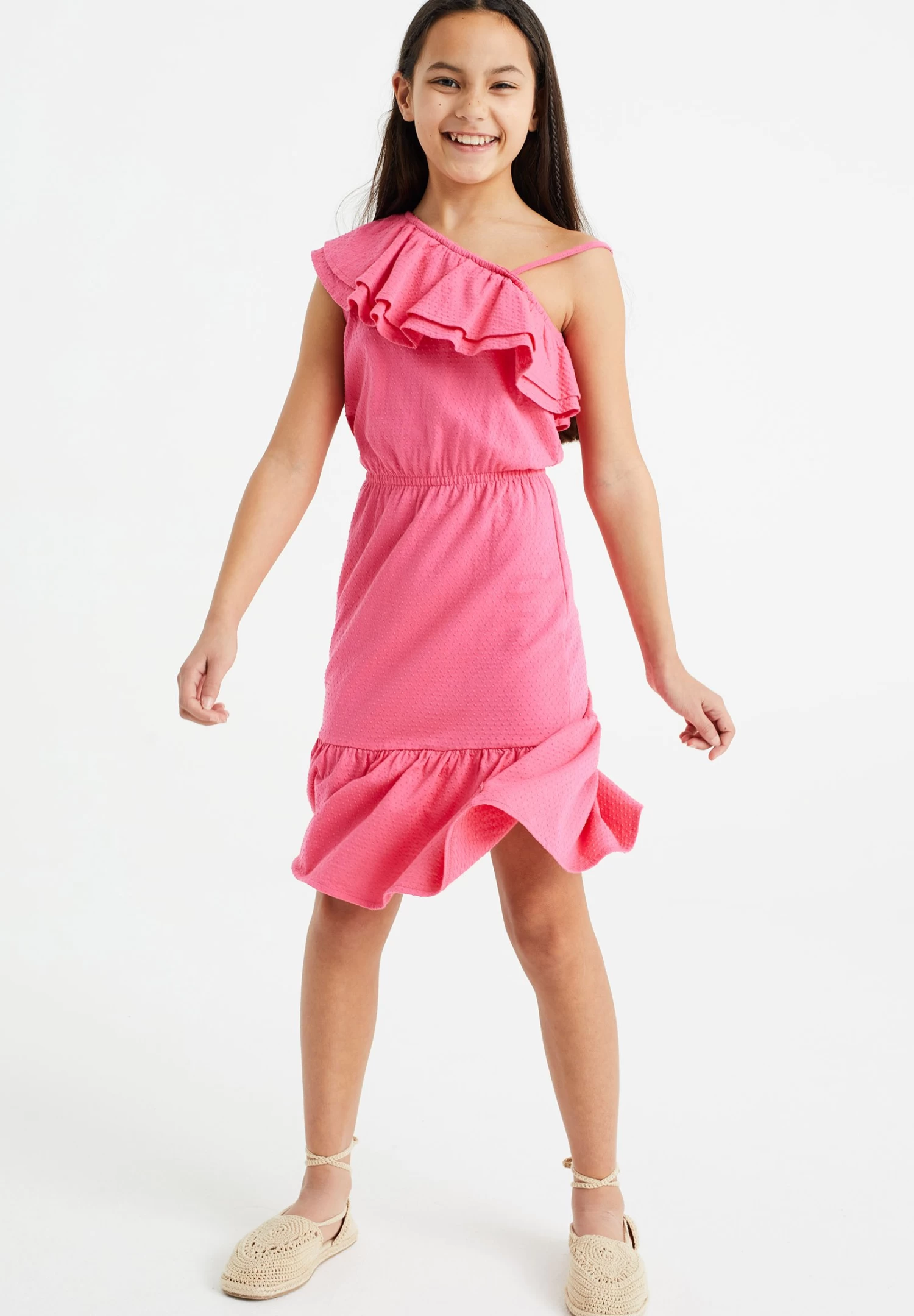 WE FASHION One Schoulder Met Structuur - Jurk - Pink
